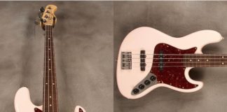 3 photos of a pink fender bass guitar