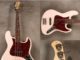 3 photos of a pink fender bass guitar