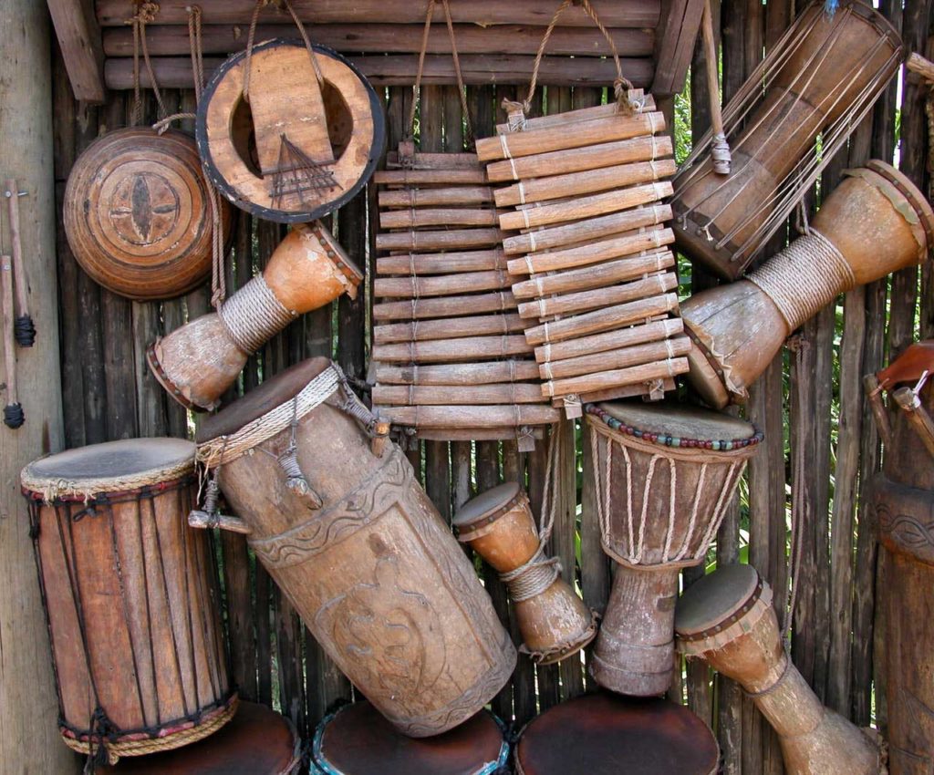 various wood percussion instruments and hand drums