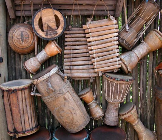 various wood percussion instruments and hand drums