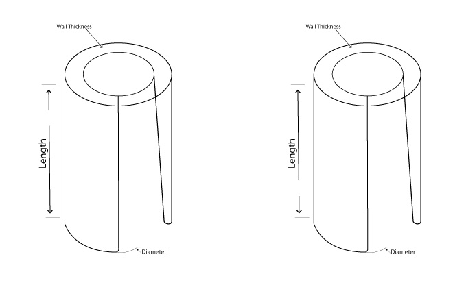 Diagram of guitar slide sizes labeled with length, wall thickness, and diameter