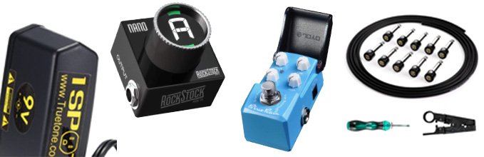 image of effects pedals and pedal accessories that make great gifts for guitar players
