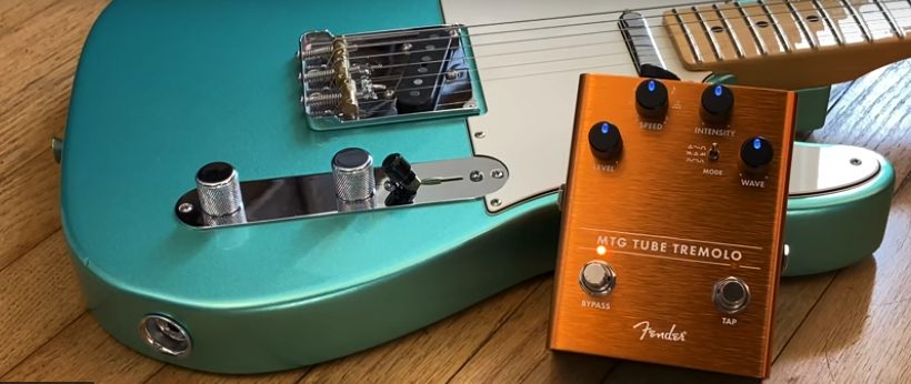 Image of a Fender MTG Tube Tremolo guitar modulation pedal on a Fender Telecaster guitar