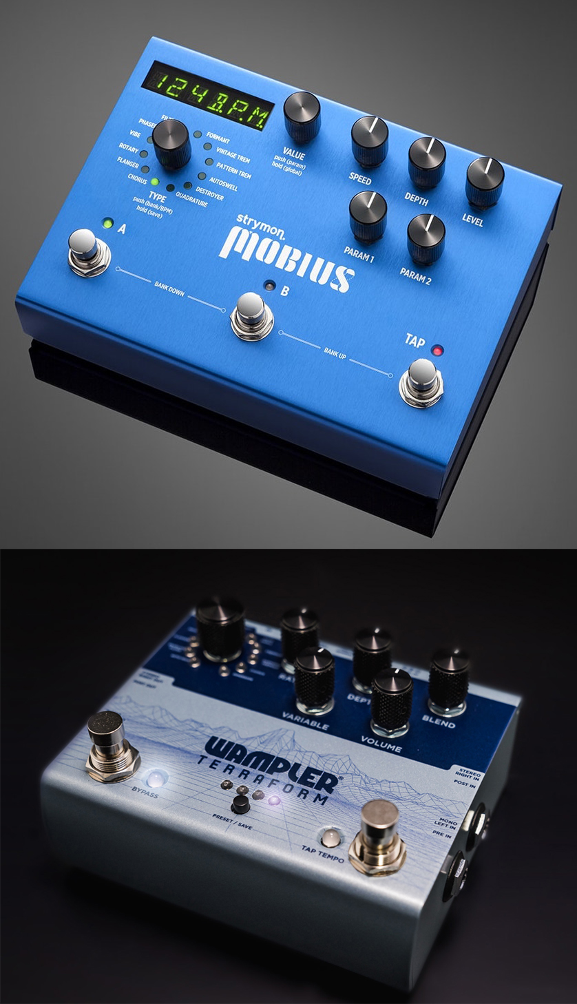 image showing a Wampler Terraform and Strymon Mobius Multidimensional guitar modulation pedals