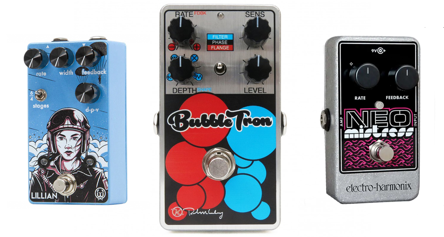 image showing a Walrus Audio Lillian analog phaser, Keeley Bubble Tron filter/phaser/flanger and Electro Harmonix Neo Mistress flanger guitar modulation pedals