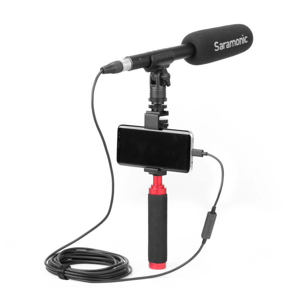Image showing saramonic UTC-XLR being used to connect a microphone to a smartphone