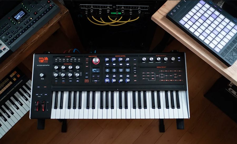 image of the ASM Hydrasynth Explorer synthesizer connected to recording gear