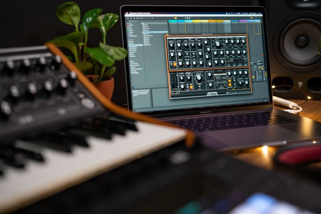 image of Moog Subsequent 25 software shown on a laptop connected to the Moog Subsequent 25