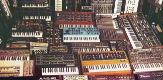 image of several synthesizers in a group
